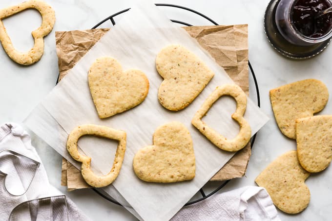 Baked heart shaped cookie cut outs.