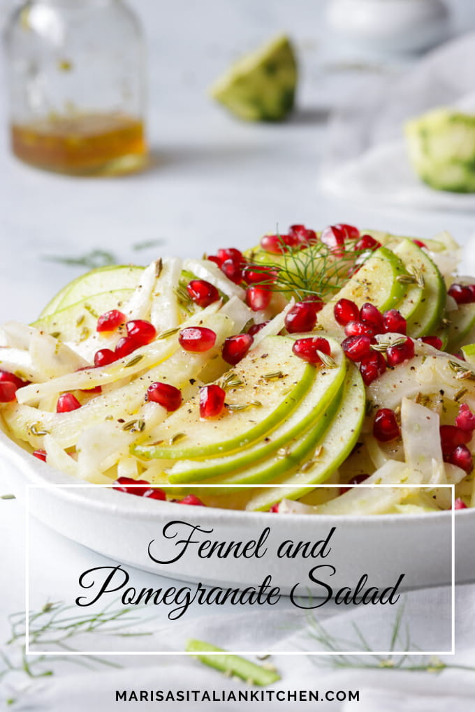 White bowl with fennel, sliced apples and sprinkled with pomegranate arils.