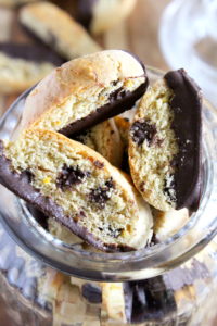 Chocolate Anise Biscotti in a glass jar.