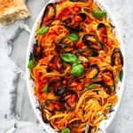 Pasta with Mussels on a serving platter.