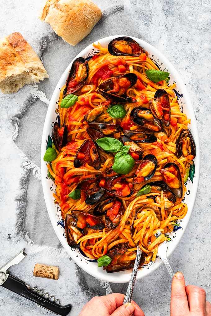 Pasta with Mussels on a serving platter.