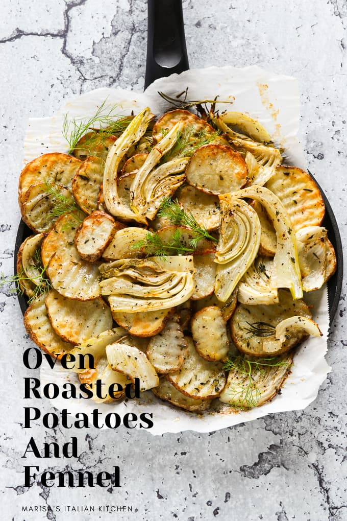 Crispy potatoes with fennel on a serving pan.