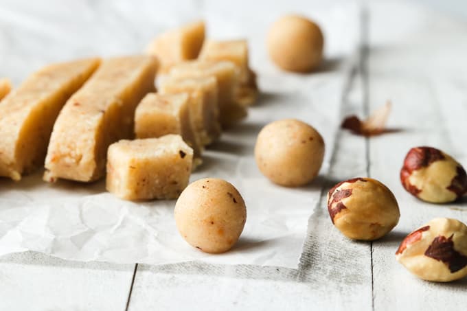 Hazelnut cookie dough rolled into small balls.