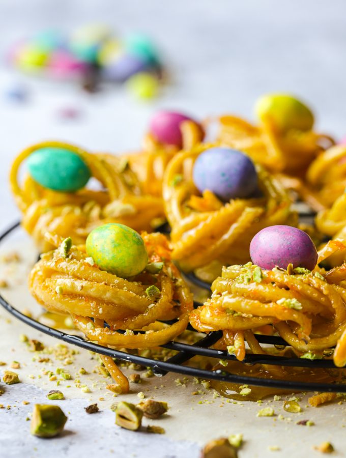 Sweet and crispy Easter pasta nests drenched in honey.