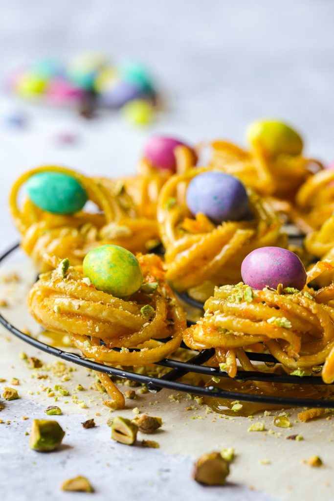 Sweet and crispy Easter pasta nests drenched in honey.