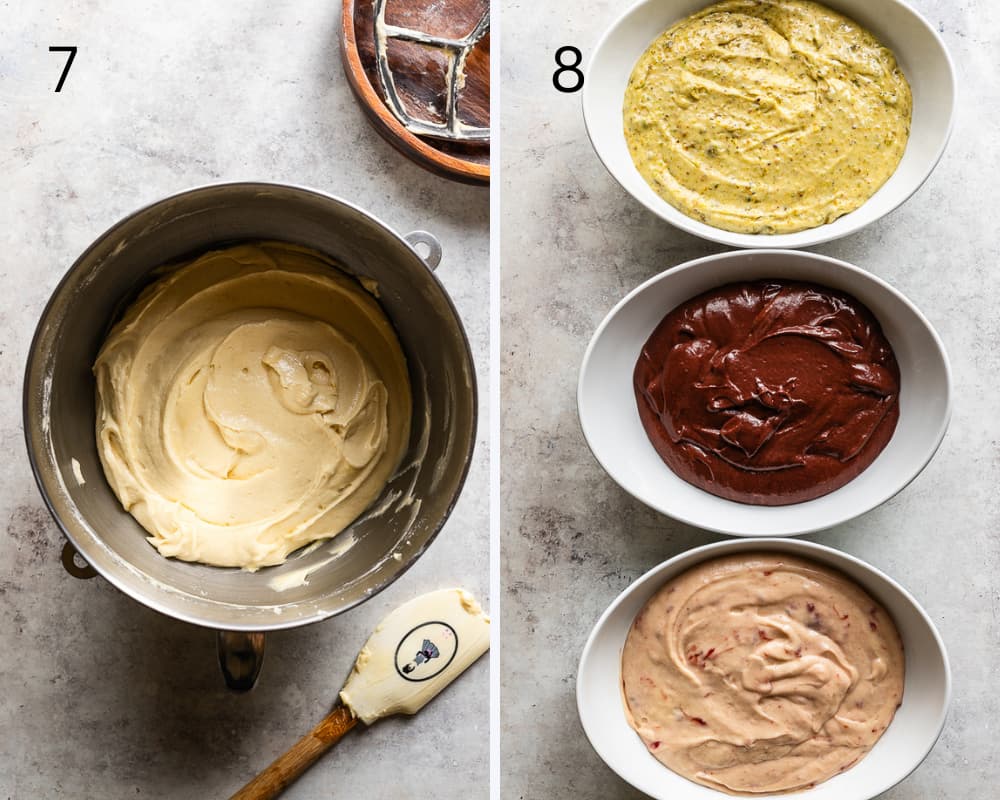 Strawberry, chocolate and pistachio cake batter in separate bowls.