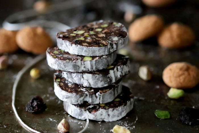 Sliced Chocolate Salami with pistachios and cookies