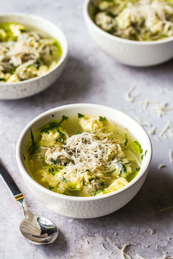 Stracciatella soup with mini meatballs.