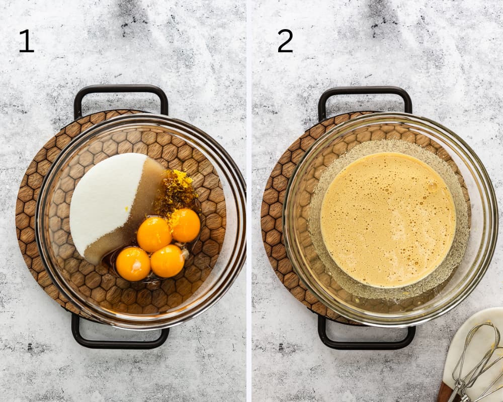 A glass bowl with egg mixture for zeppole.