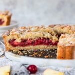Apple Cranberry Crumble Cake with a slice cut off.
