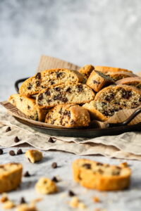 Chocolate chip biscotti on a metal tray.